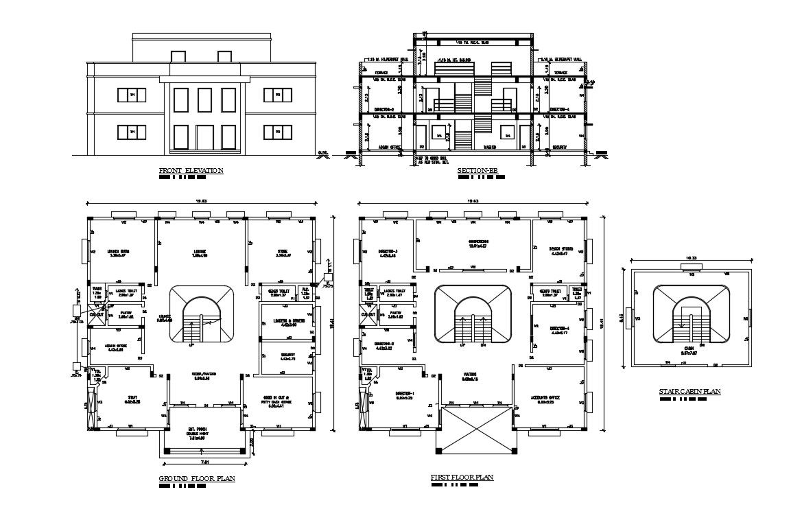 Office Building Plan, elevation and Section CAD Drawing