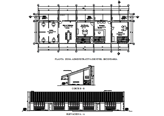 Office Plan, elevation and section detail dwg file