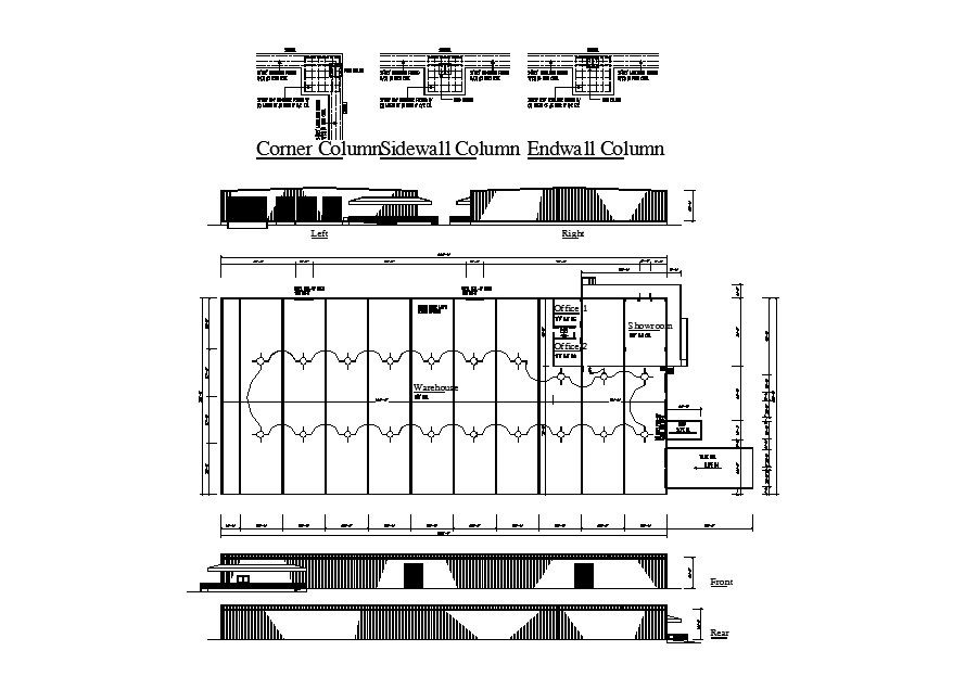 Office building all sided elevation, framing plan and column details dwg file