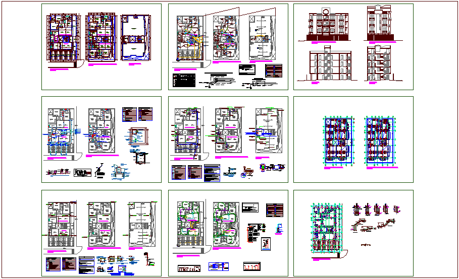 Office building architectural,hydraulic,electrical,sanitary plan,elevation and section view with structural detail dwg file
