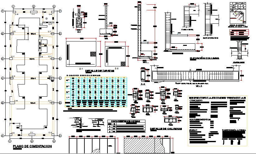 Office building constructive details with foundation plan dwg file