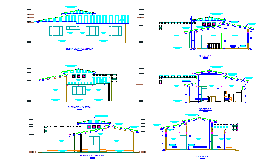 Office building elevation and different axis section view dwg file