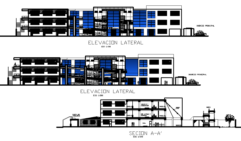 Office building elevation and section plan detail dwg