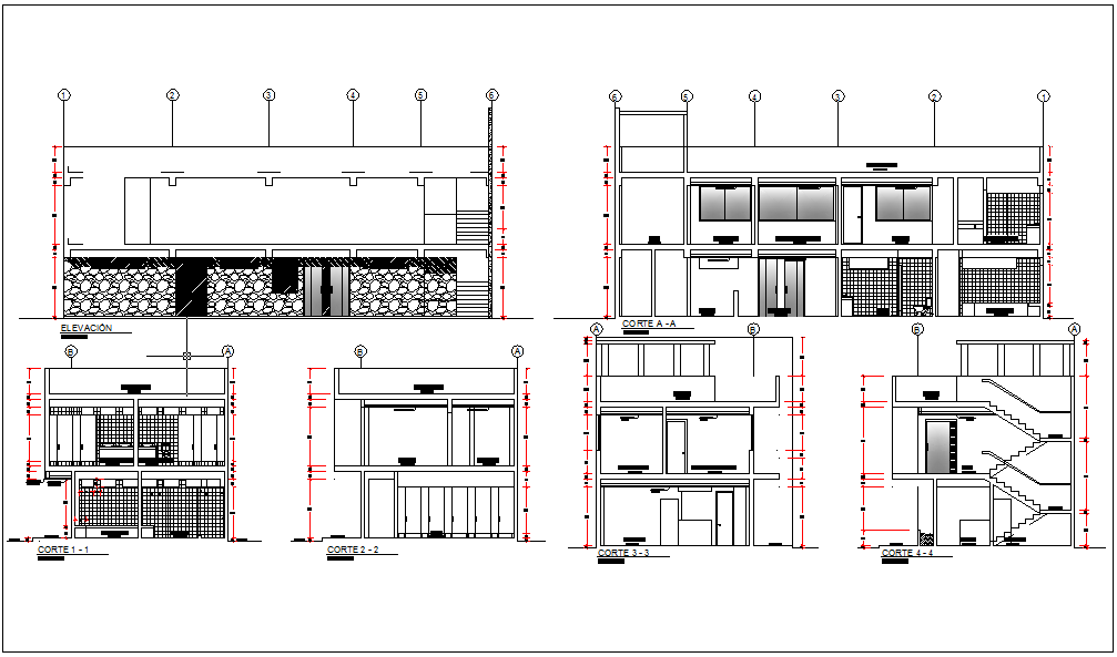 Office building elevation and section view detail dwg file
