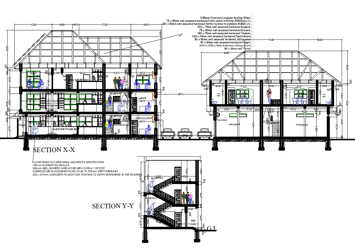 Office building elevation and section view detail dwg file