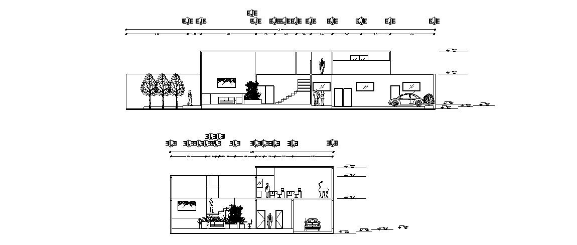 Office building facade and back sectional cad drawing details dwg file