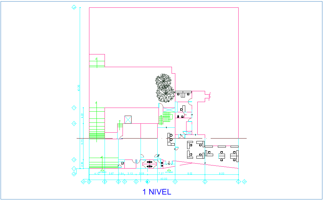Office building first floor plan view with architectural view dwg file