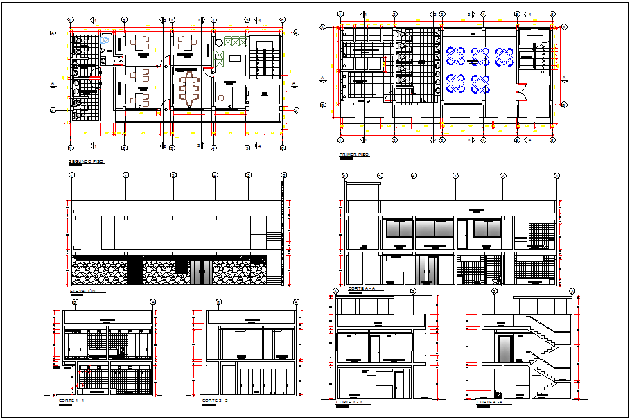 Office building plan view and elevation section view detail dwg file