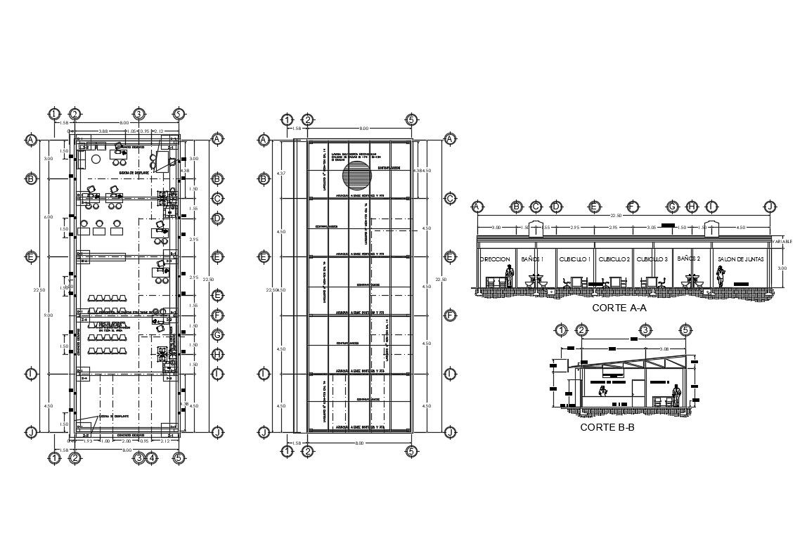 Office building section, cover plan and distribution plan details dwg file