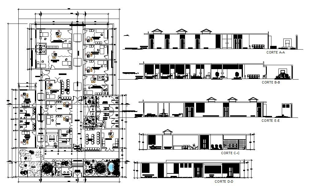 Office building with detail dimension in DWG file