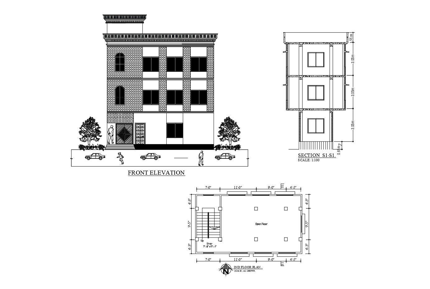 Office building with elevation and section in AutoCAD