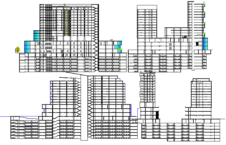 Office building with hotel and shopping elevations and sections view dwg file