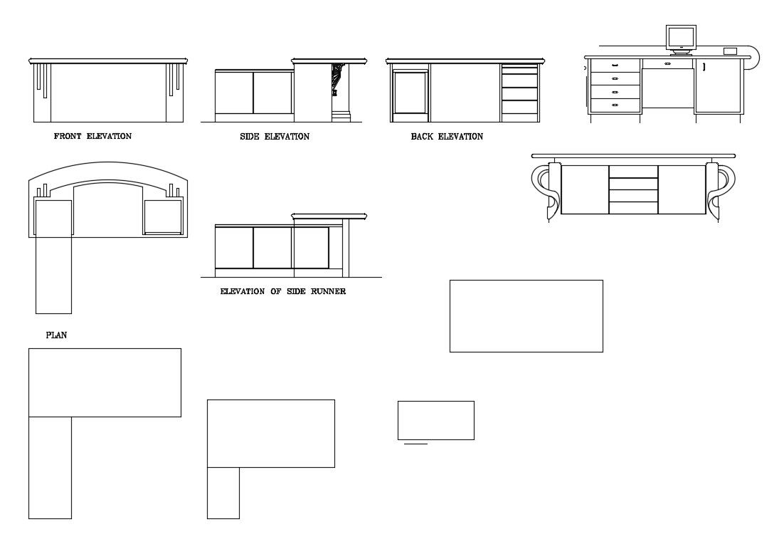 Office Desk Table CAD with All Sided Elevation and Plan