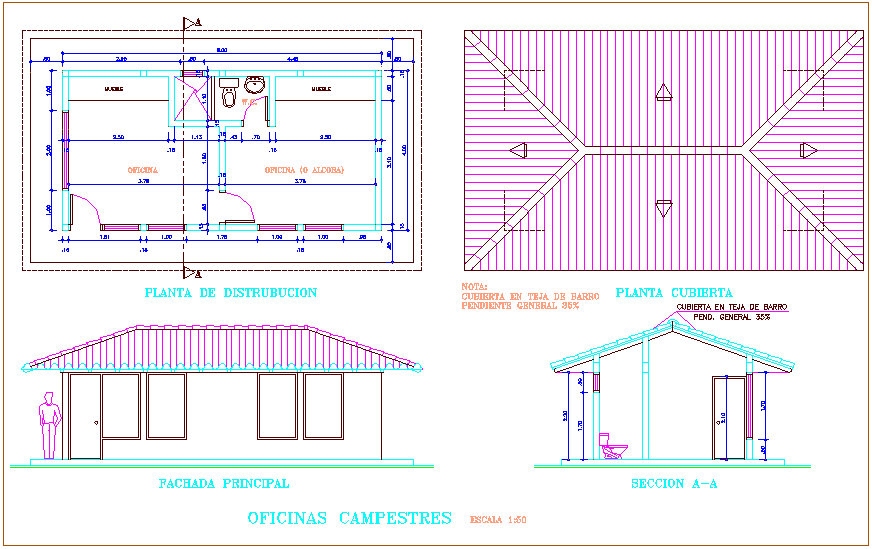 Office distribution plan and sectional view dwg file