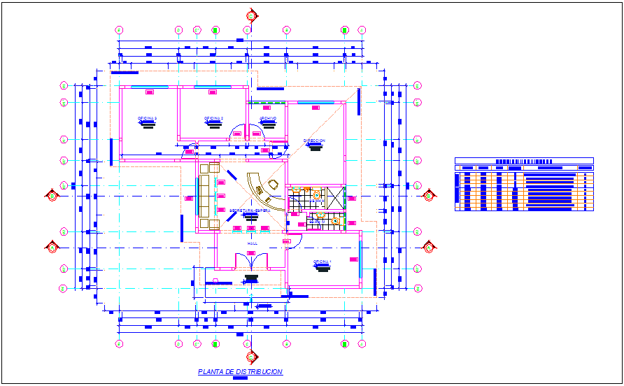 Office distribution plan with door and window detail table dwg file