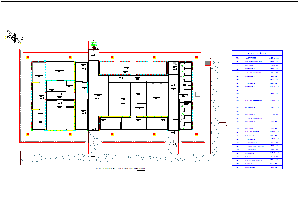 Office floor plan with area detail and table view with architectural view dwg file