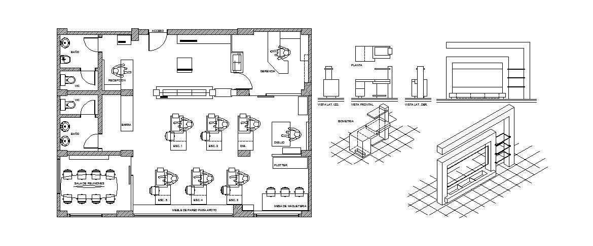 Office plan with furniture layout and sanitary cad drawing details dwg file