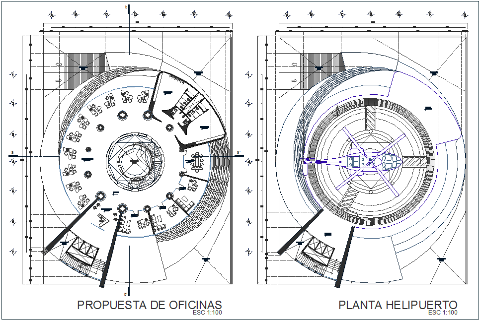 Office proposal and helicopter plan for high rise building dwg file