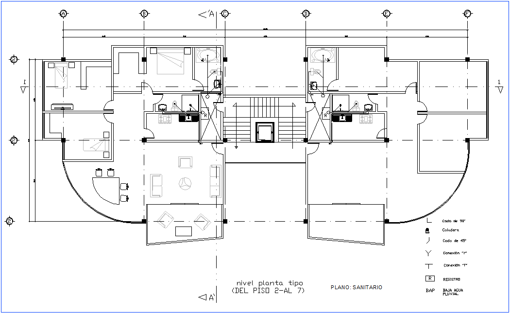 Office sanitary view with 2 to 7 floor plan with legend dwg file