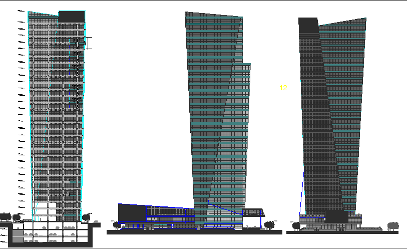 Office tower with 100 meter elevation and sectional details dwg file