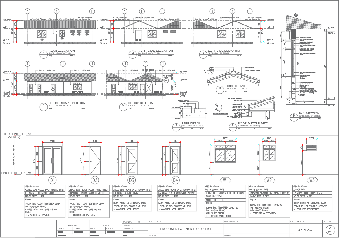 Office Section and Elevation Details with Door and Window Schedule in DWG File