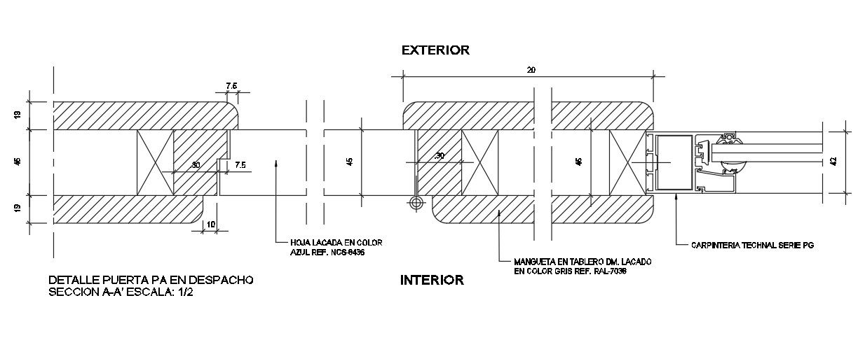 Office door exterior & interior section view is given in this Autocad drawing file.Download the Autocad model.