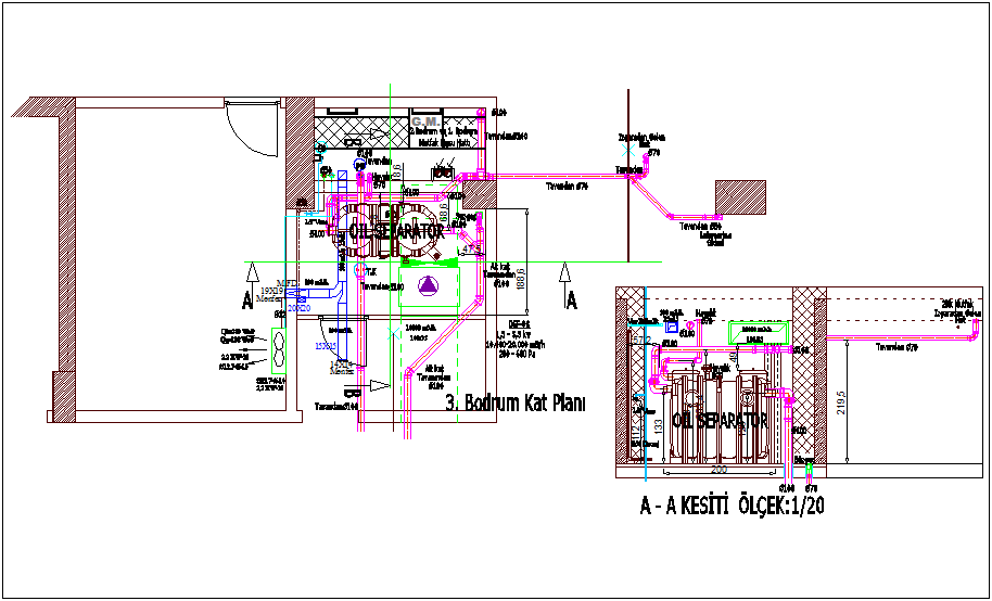 Oil separator detail with pipe line view dwg file