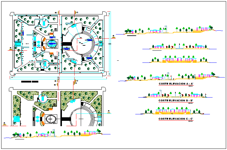 Olaya square theme park landscaping and structure details dwg file
