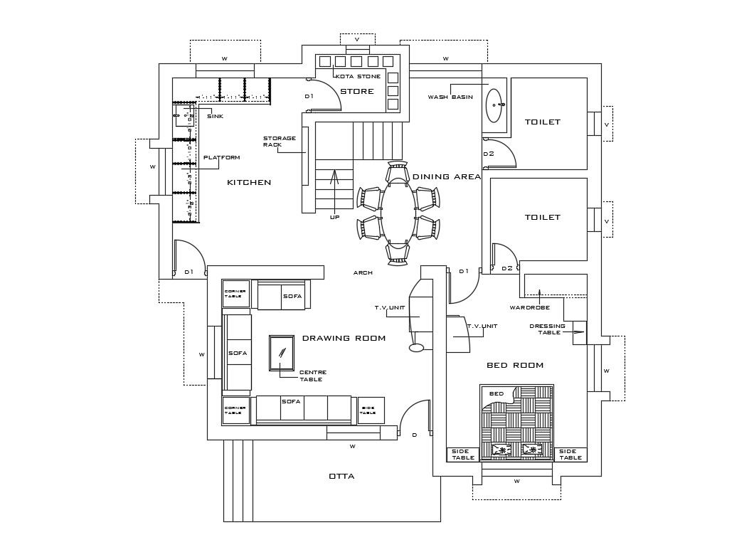 One BHK House Furniture Layout AutoCAD Drawing
