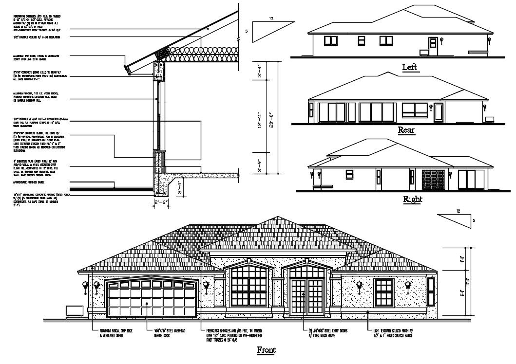 One Level House Elevation Design DWG File