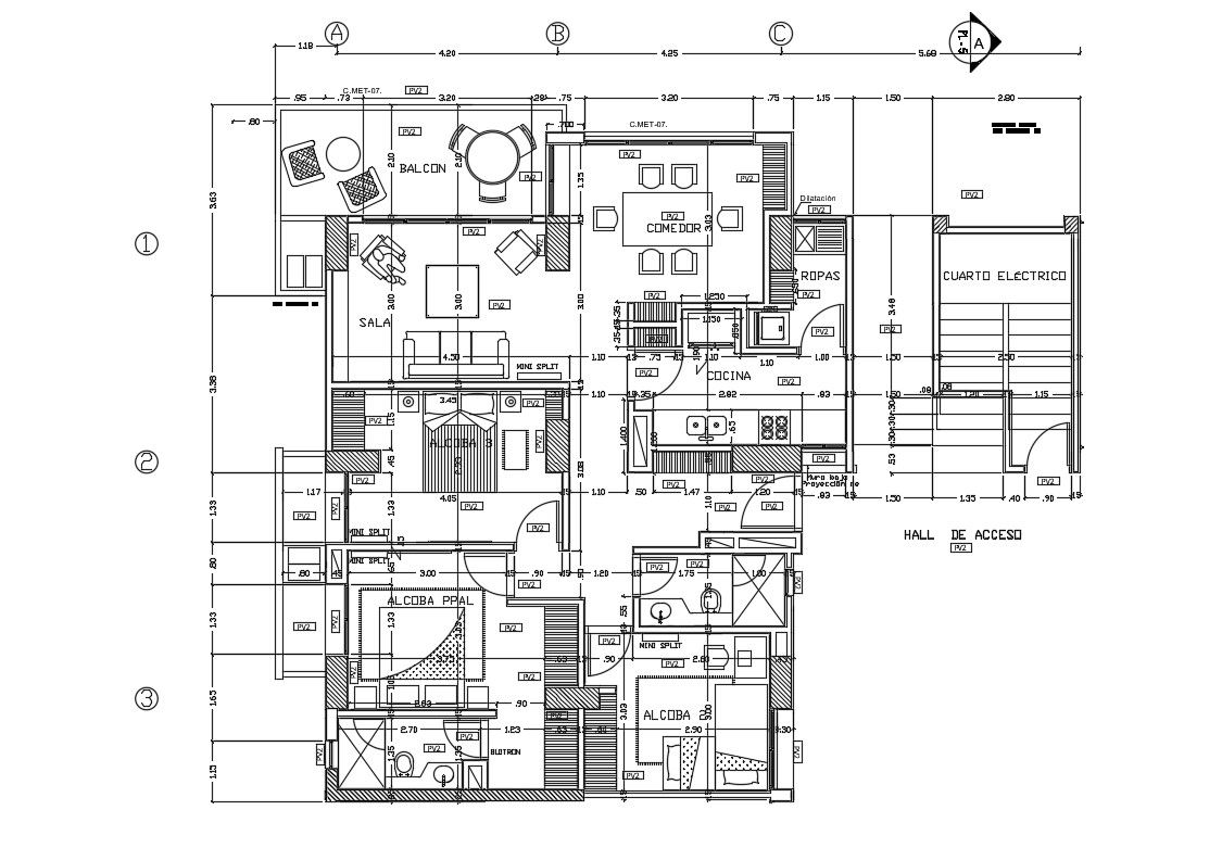 One Unit Plan Of Three BHK Apartment Design With Fully Furnished AutoCAD File