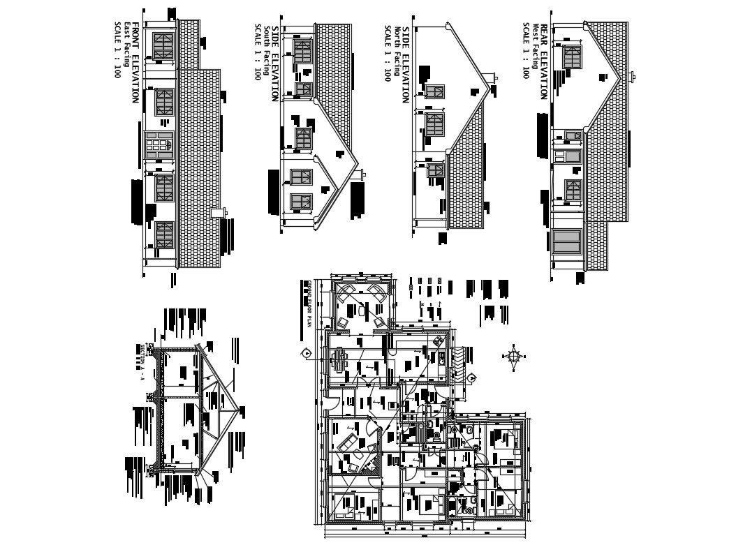 One family house all sided elevation, section and plan details dwg file