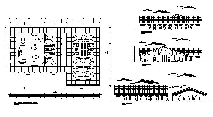 One family house elevation, section and distribution plan details dwg file