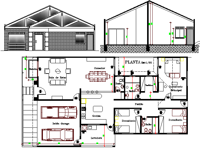 One family house elevation, section and layout plan details dwg file