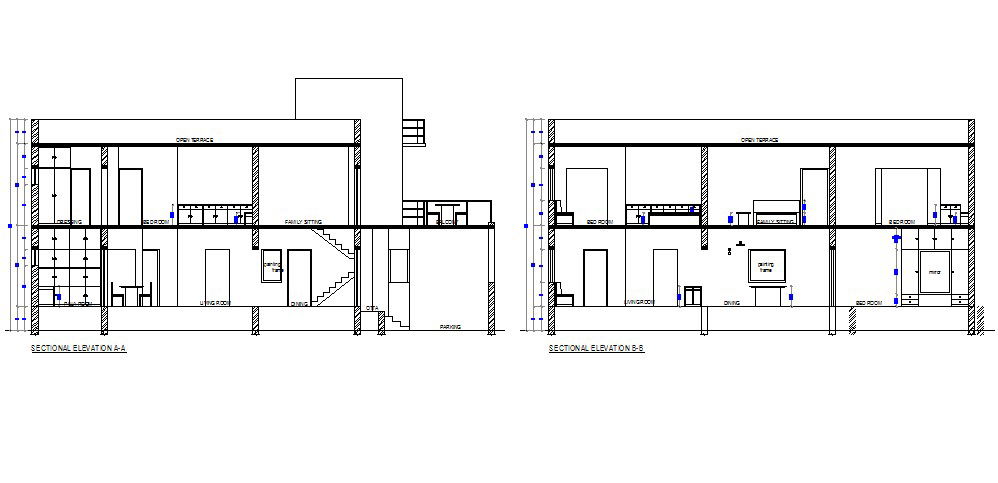One family house facade and back sectional details dwg file