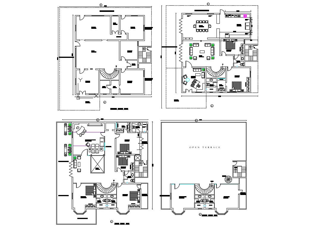 One family house ground, first, second and terrace floor plan details dwg file