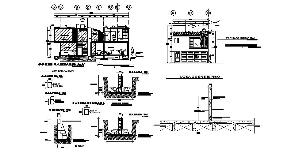 One family house main elevation, section and column construction details dwg file