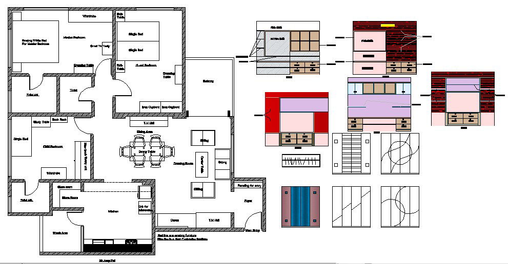 One family house plan and furniture layout and car pantry details dwg file