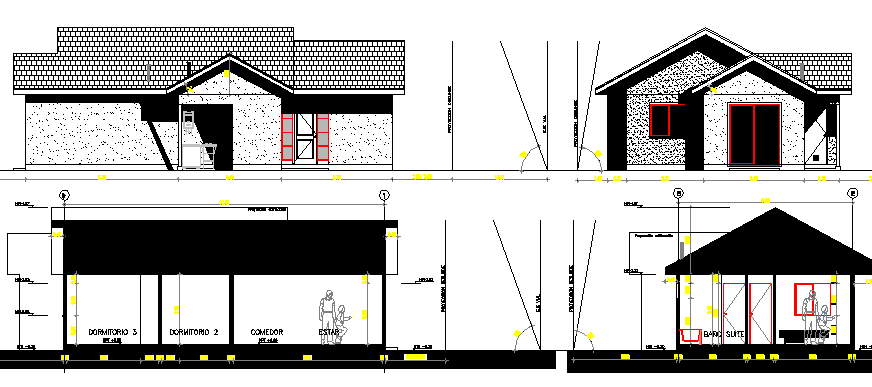 One family housing elevation and section details dwg file
