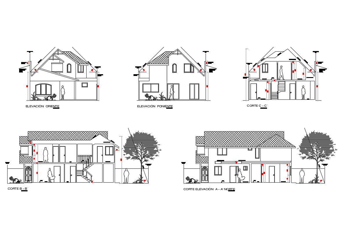 One family residential house elevation and section details dwg file