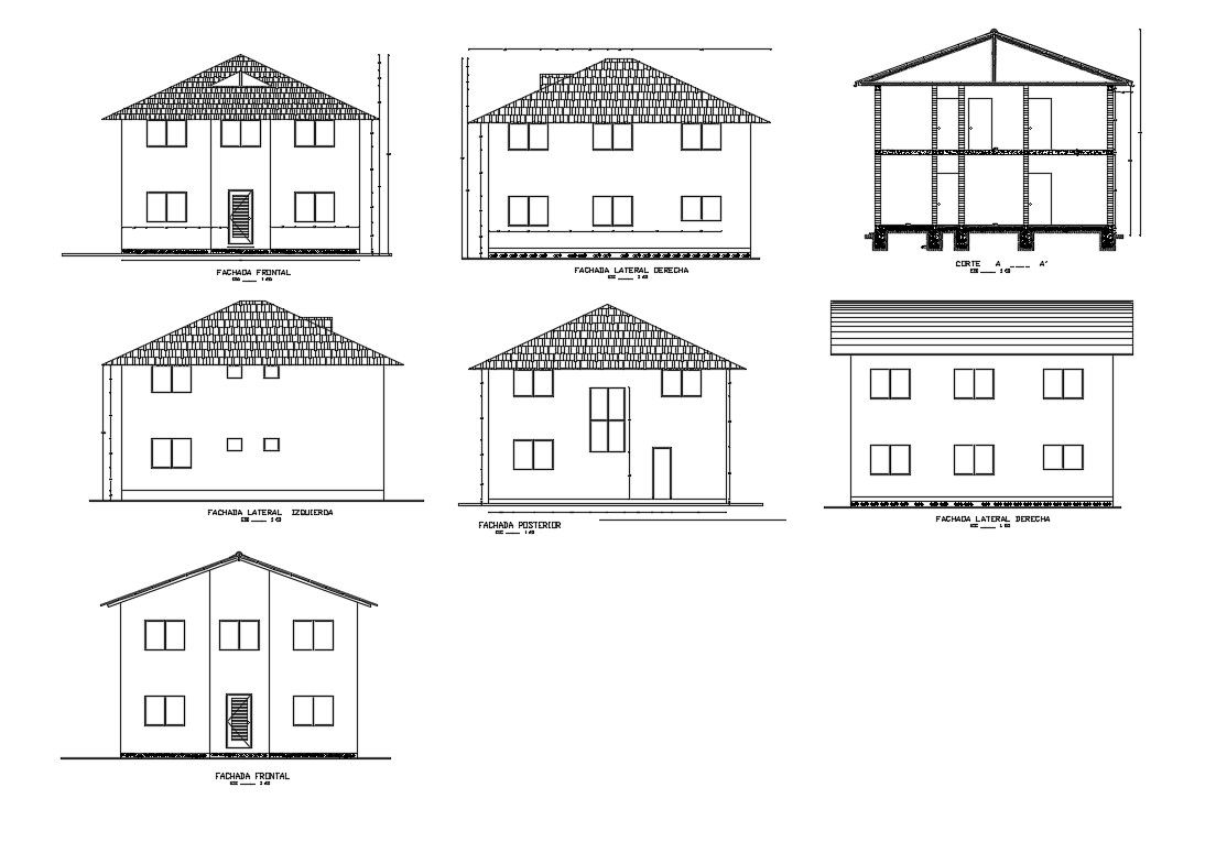 One family small house elevation and section details dwg file