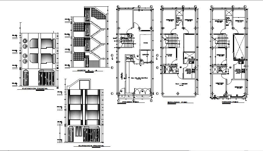 One family three level house detailed architecture project dwg file