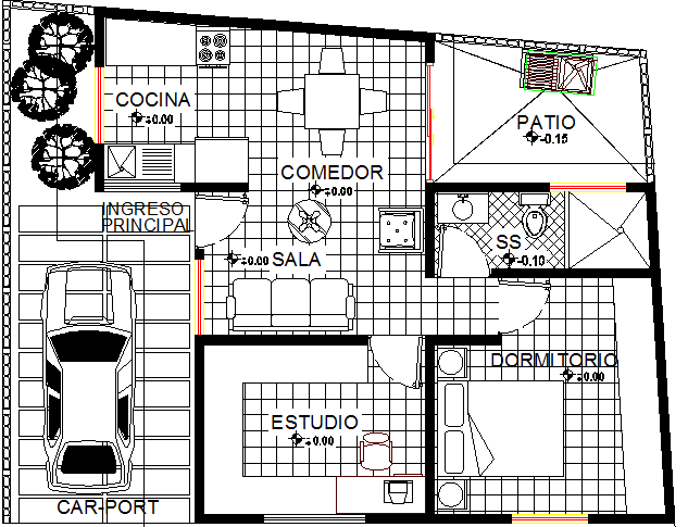 One level single family house architecture layout dwg file