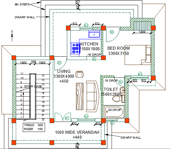 One level single family house architecture layout dwg file