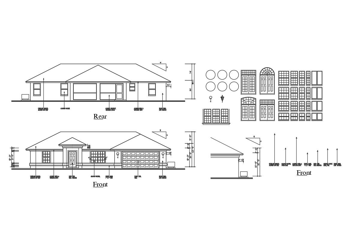 One story house front and rear elevation and doors and windows details dwg file