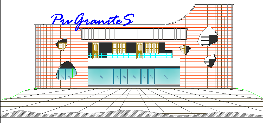 One story showroom front 2d elevation view dwg file