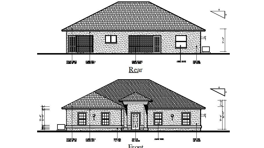 One story simple house front and rear elevation 2d cad drawing