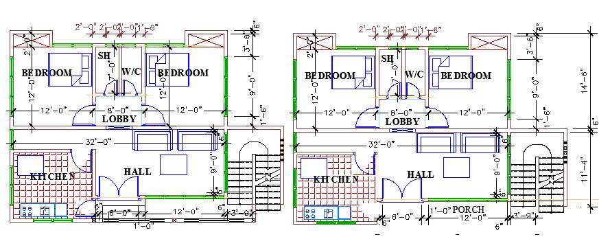 One story two flooring housing building floor plan dwg file