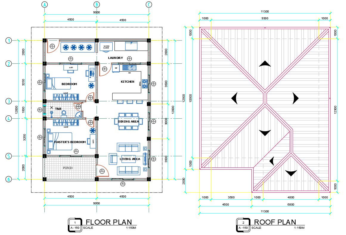 One Story House Floor Plan and Roof Design AutoCAD DWG File