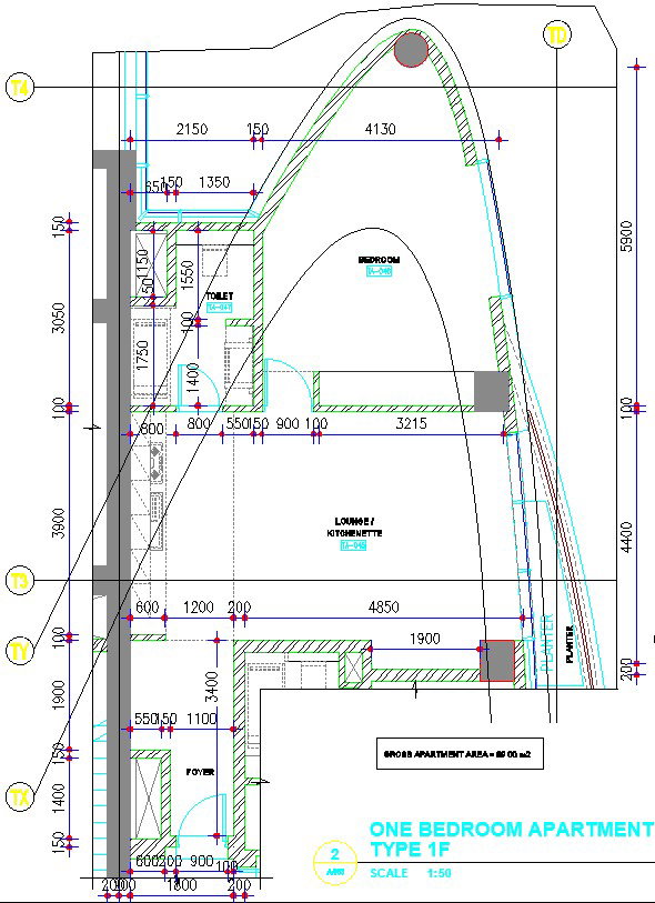 One bedroom apartment in detail AutoCAD drawing, dwg file, cad file
